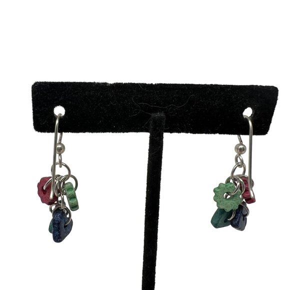 Handcrafted Earrings Silver Tone Dangle Wire Ceramic Beads Hearts Cogs - Picture 2 of 7